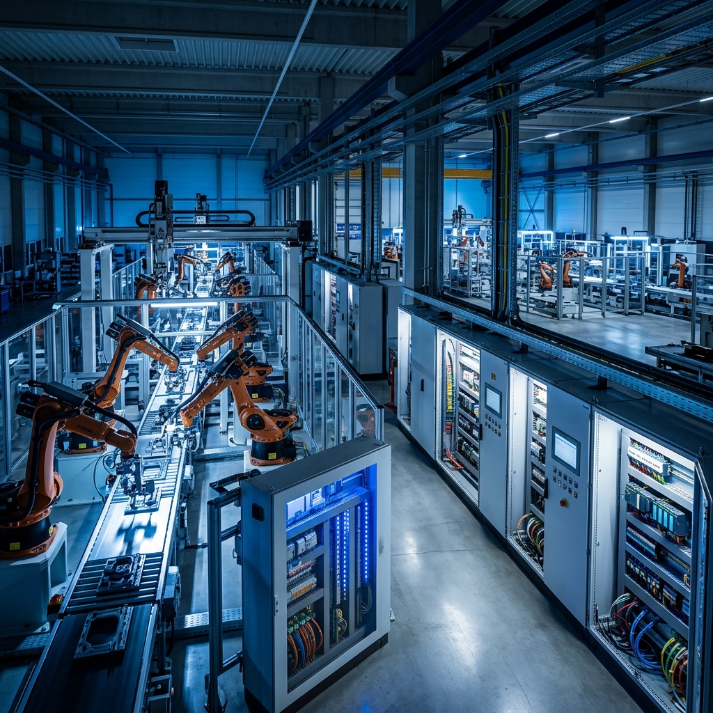 Instalación industrial moderna con robots y automatización
